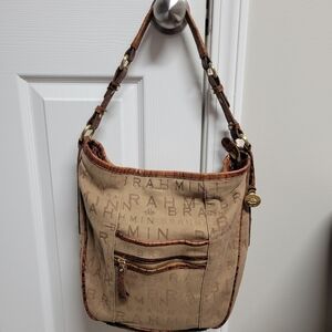 Brahmin Monogram Tan And Brown Canvas Croc Leather Shoulder Bag.